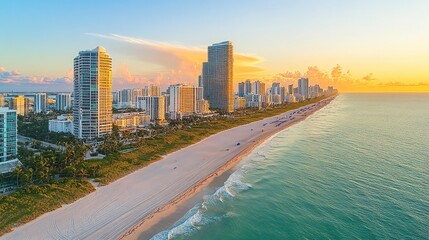 Obraz premium Coastal Cityscape at Sunset Over the Ocean