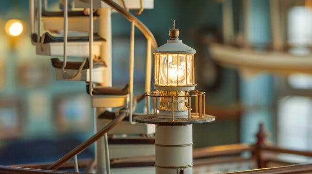 Miniature lighthouse is shining brightly, illuminating the intricate details of a spiral staircase on a model ship. The warm glow of the lighthouse creates a captivating scene