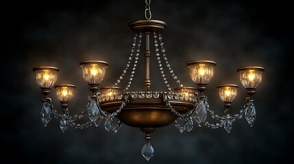 An ornate, antique-style chandelier with crystal accents and warm glowing lights hangs against a dark, textured background.