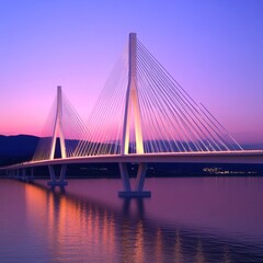 Obraz premium A stunning cable-stayed bridge illuminated at sunset over calm waters.