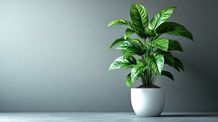 A potted plant with vibrant green leaves in a minimalist setting.