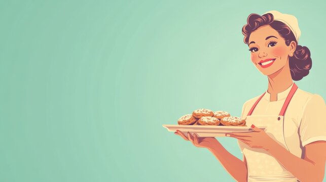 Smiling retro housewife in a classic apron holding a tray of homemade cookies, embodying vintage charm and traditional homemaker values.