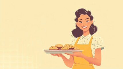 Smiling retro housewife in a classic apron holding a tray of homemade cookies, embodying vintage charm and traditional homemaker values.