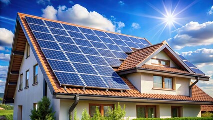 Fototapeta premium Solar panels on the roof of a modern house with blue sky background