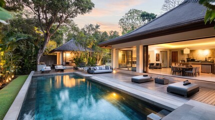Fototapeta premium Modern Villa with Pool Surrounded by Lush Landscape