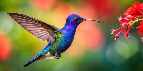 Fototapeta premium Blue hummingbird Violet Sabrewing flying next to beautiful red flower, blue, hummingbird, violet sabrewing, flying