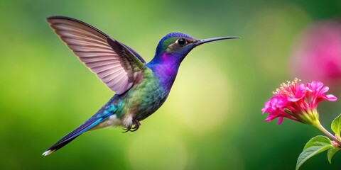Fototapeta premium Hummingbird violet Sabrewing flying next to pink flower, hummingbird, violet Sabrewing, bird, blue, pink flower, nature