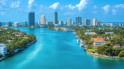 Fototapeta premium Scenic City Skyline Over Calm Blue Waters