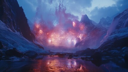 Naklejka premium Snowy Mountain Valley with Colorful Reflections at Dusk