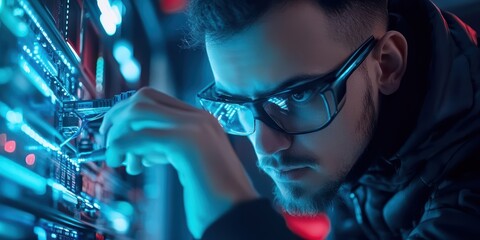 Telecom Engineer Skillfully Managing Network Cables in a High-Tech Server Environment for Optimal Performance