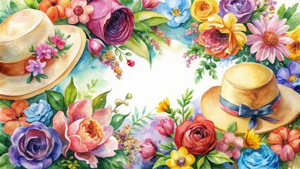 Watercolor s of colorful flowers paired with various stylish hats, watercolor, flowers, hats, collection