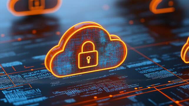 Abstract illustration of cloud security services, stylized cloud icon integrated with a secure padlock symbol, representing data protection and cybersecurity in cloud computing environments 
