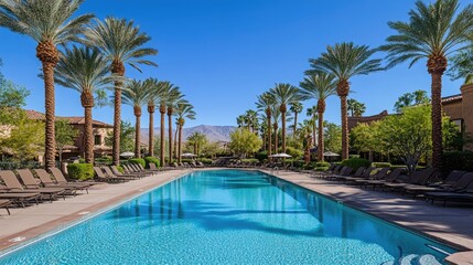 Peaceful Desert Pool with Palm Trees and Clear Sky
