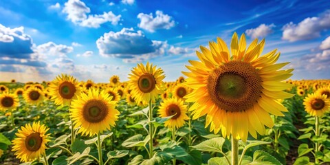 Fototapeta premium Vibrant field of sunflowers with blue sky background, sunflowers, field, summer, agriculture, yellow, bloom, nature, sunny