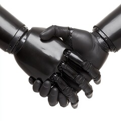 Two robotic hands shaking in a gesture of agreement or collaboration.
