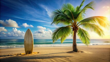 Surfboard and palm tree on sandy beach background , surfboard, palm tree, beach, tropical, vacation, ocean, sand, paradise, relaxation