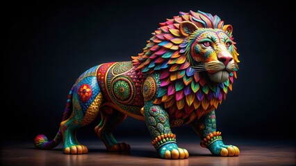 Obraz premium Colorful lion statue with intricate patterns and vibrant colors on a dark background, rendering, lion, statue