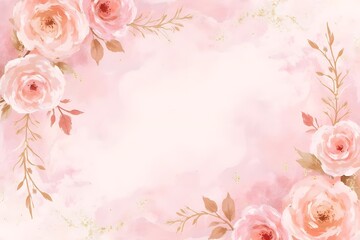 An abstract background featuring a soft, dusty blush pink watercolor effect, enhanced by delicate golden splatters for a luxurious touch. Subtle, artistic illustrations of roses are gently woven into 