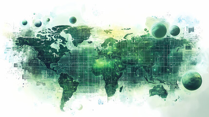 Obraz premium A green digital world map on a white background showing areas of highest renewable energy usage. Solar System Map. Illustration