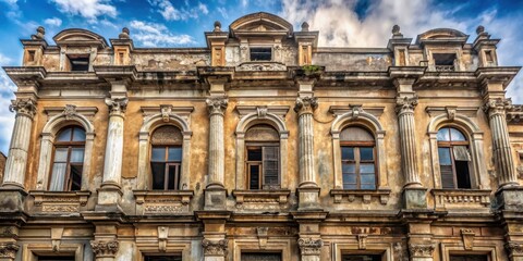 Facade of a historic, weathered building with architectural details, old, vintage, architecture, exterior, aged, classic
