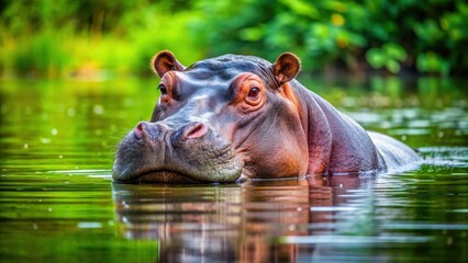Fototapeta premium Hippopotamus peacefully lounging in the water , wild, animal, wildlife, safari, nature, mammal, Africa, aquatic, river, swamp