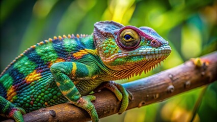 Obraz premium Chameleon blending in with its surroundings on a tree branch, Camouflage, Reptile, Wildlife, Nature, Branch, Green