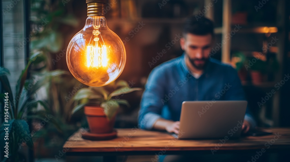 Poster a businessman sits on a wooden bench while working on a laptop with a large lit filament lightbulb b