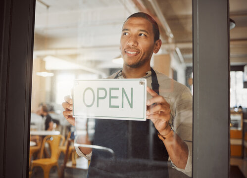 Thinking, man and business owner with open sign of cafe welcome, customer service and hospitality industry. Male waiter, entrance and notice with invitation, startup and breakfast store of restaurant