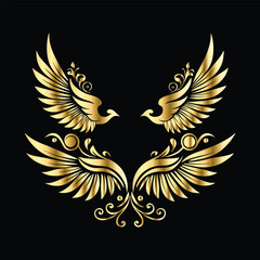 Fototapeta premium Golden Angel Wings: Vintage Frames & Decorative Icons with Cupid and Bird Wings 