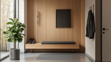 A contemporary entrance hallway with wooden tones, including a minimalist furniture desk
