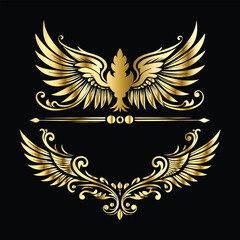 Golden Angel Wings: Vintage Frames & Decorative Icons with Cupid and Bird Wings
