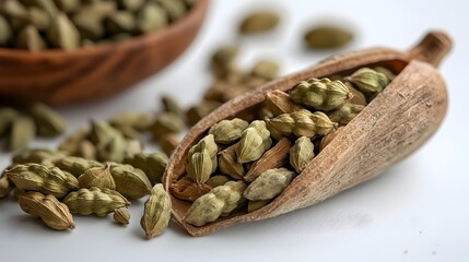 Cardamom Pods and Seeds Spilled on a Crisp White Background Showcasing the Aromatic and Exotic Nature of This Flavorful Spice in a Minimalist Gourmet Inspired Still Life Photography Setting