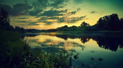 Tranquil Reflection on a Calm River at Night