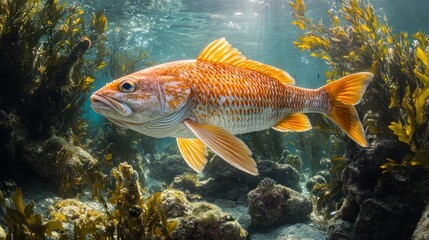 Naklejka premium An orange fish swimming among underwater plants and rocks.