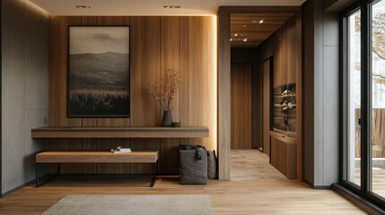 A cozy wooden entrance hallway with a modern design, featuring a sleek desk, a stylish stand,