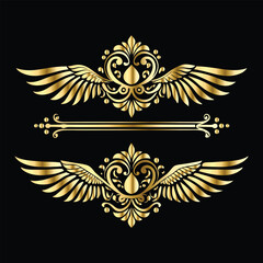 Obraz premium Royal Gold Wing Collection: Vintage Angel, Bird & Cupid Wing Icons in Decorative Black & Gold Frames, Perfect for Elegant Logos, Icon Sets, and Ornamental Designs 
