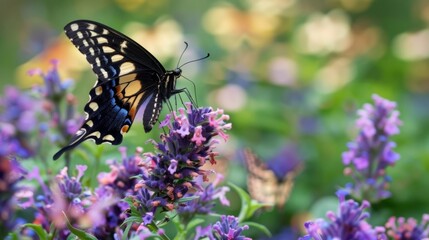 Black swallowtail butterfly is extracting nectar from a purple flower on a sunny day with other butterflies out of focus in the background