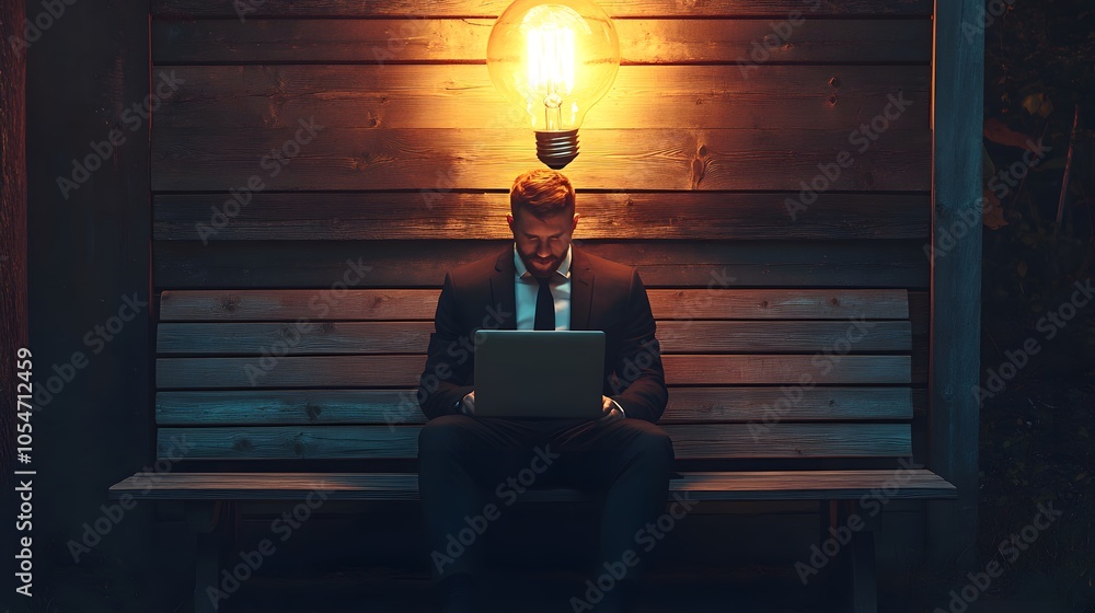 Poster a businessman sits on a wooden bench while working on a laptop with a large lit filament lightbulb b