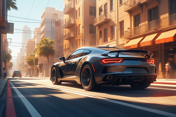 Fototapeta premium A black sports car driving on a city road