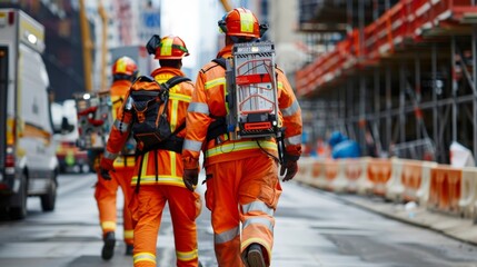 Emergency responders rushing to a construction site carrying first aid kits and medical equipment.