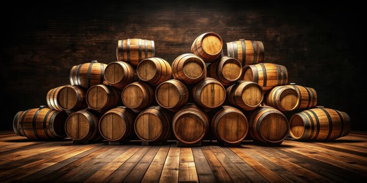 Wine barrels stacked on wooden floor against black background , wine, barrels, stack, wood, floor, black, background,