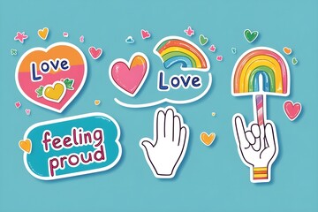Obraz premium Happy Pride LGBTQ element set. LGBTQ community symbols with star, speech bubbles, flower, heart. Elements illustrated for pride month, bisexual, transgender, gender equality, sticker, rights concept.