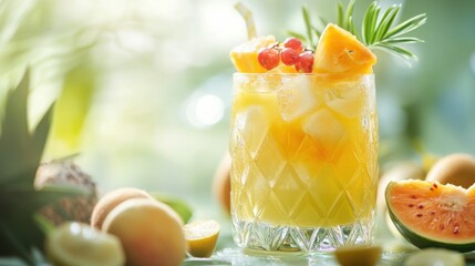 Fototapeta premium A glass of tropical fruit drink, beautifully garnished with fruits and captured in soft,