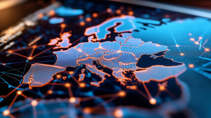 Digital world globe centered on Europe, concept of global network and connectivity on Earth, data transfer and cyber technology, information exchange and international telecommunication
