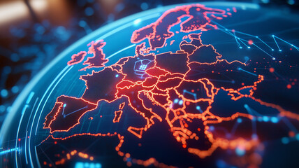 Digital world globe centered on Europe, concept of global network and connectivity on Earth, data transfer and cyber technology, information exchange and international telecommunication
