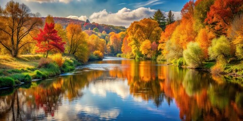 Fototapeta premium Autumnal river featuring colorful foliage and serene atmosphere, river, autumn, fall, foliage, scenic, tranquil, nature
