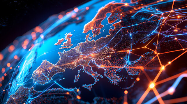 Digital world globe centered on Europe, concept of global network and connectivity on Earth, data transfer and cyber technology, information exchange and international telecommunication
 - Powered by Adobe