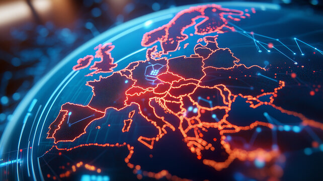 Digital world globe centered on Europe, concept of global network and connectivity on Earth, data transfer and cyber technology, information exchange and international telecommunication
