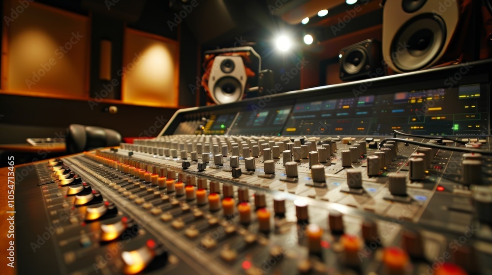 Poster professional audio mixing console is shown in a recording studio, ready for a sound engineer or musi