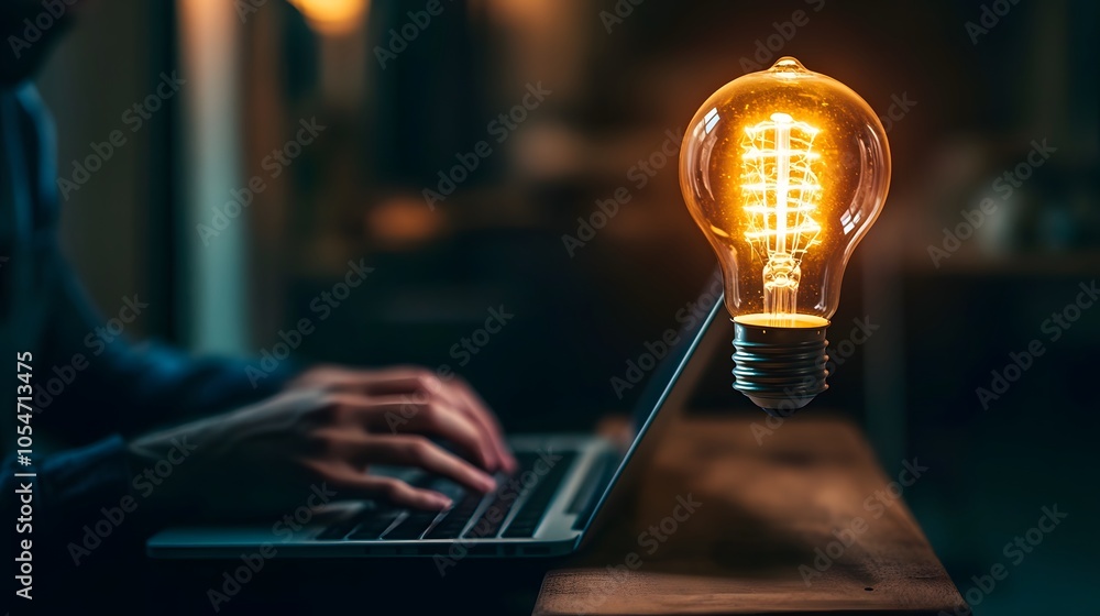 Poster a businessman sits on a wooden bench while working on a laptop with a large lit filament lightbulb b